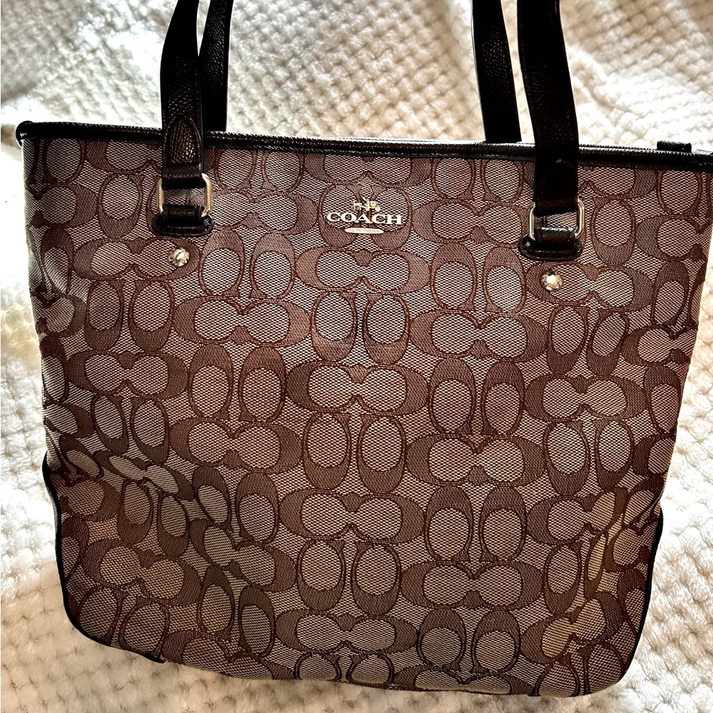 Coach Brown Monogram Tote with Leather Handles